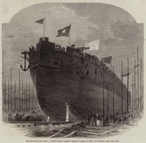 La nueva flota acorazada, lanzamiento de la fragata de Su Majestad Valiant, 34 cañones, en Millwall