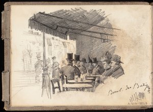 Cafetería al aire libre en París, en el Boulevard des Batignolles; página del cuaderno de bocetos de Järnefelt