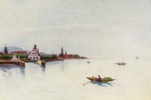 El Rin: Bregenz, Boden See, Lago de Constanza (litografía en color)