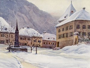 El Rin: Chur, Coire, Plaza de la Catedral (litografía en color)
