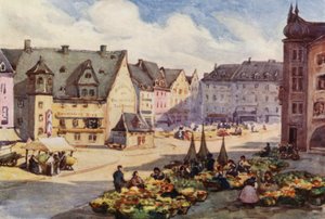 El Rin: La plaza del mercado, Maguncia, Mayence (litografía en color) de Effie Jardine
