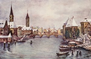 El Rin: El río en Zúrich, invierno (litografía en color)