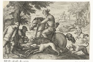 Paisaje montañoso con caza de jabalí Escenas de caza (título de la serie) Icones Venantum Species Varias Representantes (título de la serie) de Egbert Jansz.