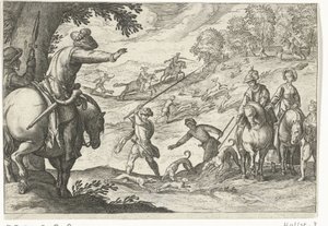 Paisaje con caza de liebres Escenas de caza (título de la serie) Icones Venantum Species Varias Representantes (título de la serie) de Egbert Jansz.