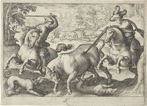 Paisaje con caza de toros Escenas de caza (título de la serie) Icones Venantum Species Varias Representantes (título de la serie) de Egbert Jansz.
