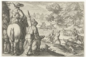 Paisaje con caza de jabalí Escenas de caza (título de la serie) Icones Venantum Species Varias Representantes (título de la serie) de Egbert Jansz.