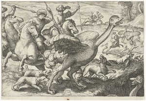 Paisaje con caza de avestruz Escenas de caza (título de la serie) Icones Venantum Species Varias Representantes (título de la serie) de Egbert Jansz.