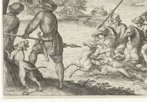 Paisaje fluvial con caza de ciervos. Escenas de caza (título de la serie) Icones Venantum Species Varias Representantes (título de la serie) de Egbert Jansz.