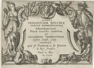 Impresión de título para una serie con escenas de caza. Escenas de caza (título de la serie) Icones Venantum Species Varias Representantes (título de serie en objeto) de Egbert Jansz.
