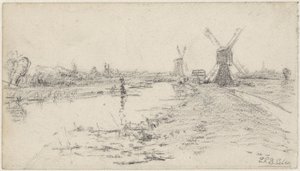 Paisaje con río y dos molinos de viento de Egbert Rubertus Derk Schaap
