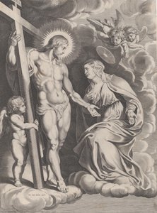 La intercesión de la Virgen, arrodillada en una nube a la derecha ante Cristo, de pie..., ca. 1610-37 de Egbert van Panderen