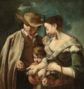 Un frutero y un niño, con una cesta de melocotones, peras y uvas, en un paisaje, con un hombre que sostiene un arma y una moneda, c.1705-84 (óleo sobre lienzo) de Egidio (attr.to) Dall
