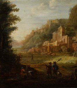 Paisaje boscoso con dos cazadores a la entrada de un valle de Eglon van der Neer