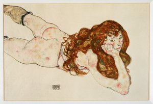 Mujer desnuda tumbada boca abajo - Desnudo sobre ... (gouache y lápiz negro) de Egon Schiele