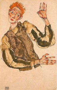 Autorretrato con mangas a rayas - Obra de Egon Schiele (1890-1918), gouache sobre papel de Egon Schiele
