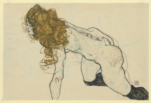 Desnudo femenino agachado con el pelo rubio y el brazo izquierdo apoyado (anverso)