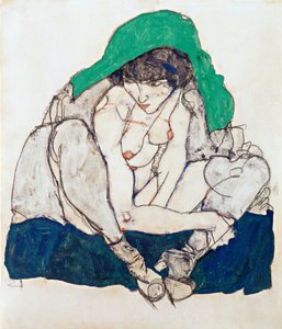 Mujer agazapada con pañuelo verde - Schiele, Egon (1890-1918) - 1914 - Gouache sobre papel, Tiza negra - 47x31 - Museo Leopold, Viena de Egon Schiele