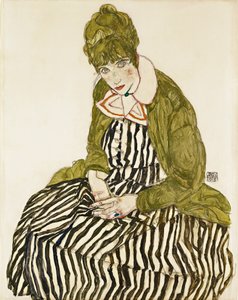Edith Schiele con un vestido a rayas, sentada. Obra de Egon Schiele (1890-1918), lápiz y gouache sobre papel de Egon Schiele
