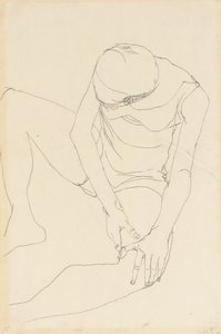 Desnudo femenino inclinado hacia adelante, ambas manos en el muslo izquierdo, 1913 de Egon Schiele