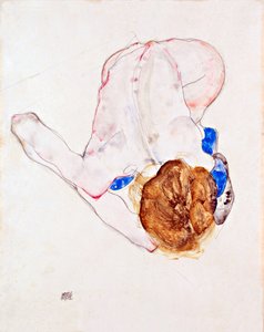 Mujer desnuda con medias azules, inclinada hacia adelante - Gouache sobre papel de Egon Schiele (1890-1918) de Egon Schiele