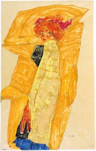 Gerti frente a cortinas de color ocre, 1910 de Egon Schiele