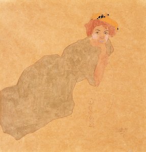 Chica con Vestido Color Oliva con Brazo Apoyado de Egon Schiele