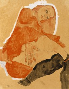 Chica con bata roja y medias negras de Egon Schiele