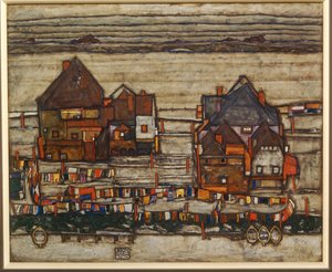 Casas y lavandería colorido, suburbio, también dos bloques de casas con líneas de lavado ... de Egon Schiele