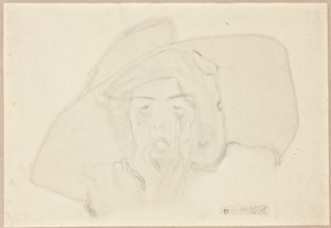 Cabeza de una joven gritando con un gran sombrero, barbilla apoyada en las manos de Egon Schiele