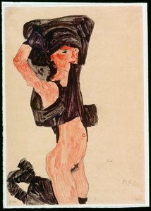 Chica arrodillada, desvistiéndose (gouache, acuarela y lápiz) de Egon Schiele