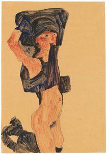 Chica Arrodillada Tirando de su Falda sobre su Cabeza de Egon Schiele