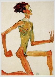 Desnudo masculino arrodillado, de perfil mirando a la derecha (gouache, acuarela y lápiz negro) de Egon Schiele
