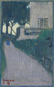 Paisaje con casa, árboles y figura femenina de Egon Schiele