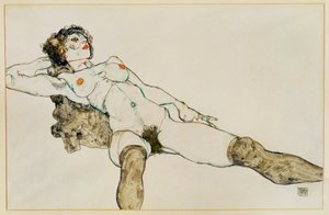 Desnudo femenino recostado con las piernas abiertas ... (gouache y lápiz) de Egon Schiele