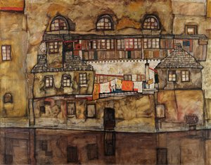 Muro de casas en el río - Pintura de Egon Schiele (1890-1918), óleo sobre lienzo de Egon Schiele