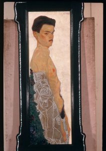 Autorretrato desnudo con drapeado ornamental ... (óleo y pintura metalizada) de Egon Schiele