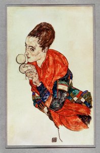 Retrato de la actriz Marga Boerner con polvera ... (gouache y lápiz negro) de Egon Schiele