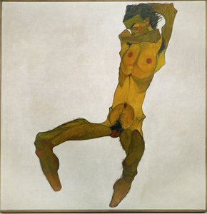 Retrato, desnudo (tiza negra, acuarela y color corporal sobre papel) de Egon Schiele