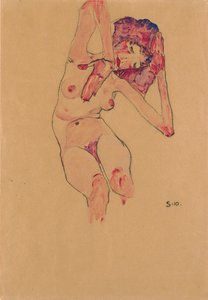 Desnudo femenino sentado con cabeza inclinada y brazos levantados