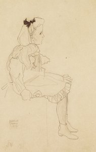 Niña sentada con un lazo en el cabello de Egon Schiele