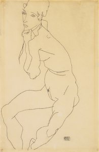Desnudo femenino sentado con la mano en la barbilla de Egon Schiele