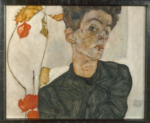 Autorretrato con frutos de farol ... (óleo y acuarela sobre lienzo) de Egon Schiele