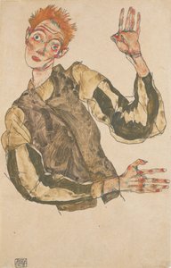 Autorretrato con protectores de mangas a rayas de Egon Schiele