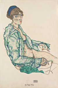 Semidesnudo sentado con cinta azul para el cabello de Egon Schiele