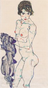 Desnudo femenino de pie con tela azul