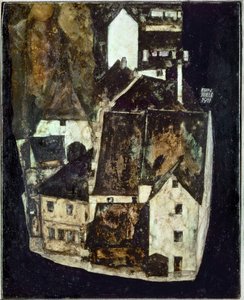 Tote Stadt III (Stadt am blauen Fluss III) [Ciudad muerta Iii (Ciudad sobre el río azul III)], ... (óleo y gouache sobre madera) de Egon Schiele