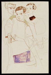 Autorretrato triple (gouache, acuarela y lápiz) de Egon Schiele