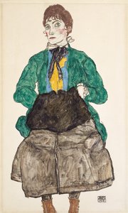 Mujer con blusa verde y manguito de Egon Schiele