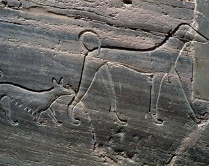 Pareja de perros, relieve de la entrada, Tumba de Sarenput II, Tumbas de los Príncipes, Qubbet el-Hawa, orilla oeste del Nilo en Asuán, Civilización egipcia, Reino Medio, Dinastía XII
