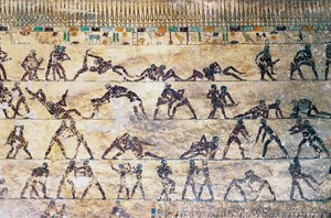 Escenas de lucha, pintura mural, tumba de Kethi, necrópolis de Beni Hasan, Egipto, civilización egipcia, Reino Medio, dinastía XII